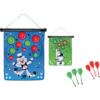 Twee dartborden met kattenmotief, één groot blauw en één kleiner groen, met zes pijlen in rood en groen