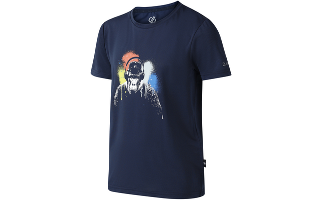 Dunkelblaues T‑Shirt mit Rundhalsausschnitt. Aufdruck: weißer Affenkopf mit Kopfhörern und Kapuze, hinterlegt von orange-gelben und blauen Farbspritzern. Kleines weißes Logo am linken Ärmel