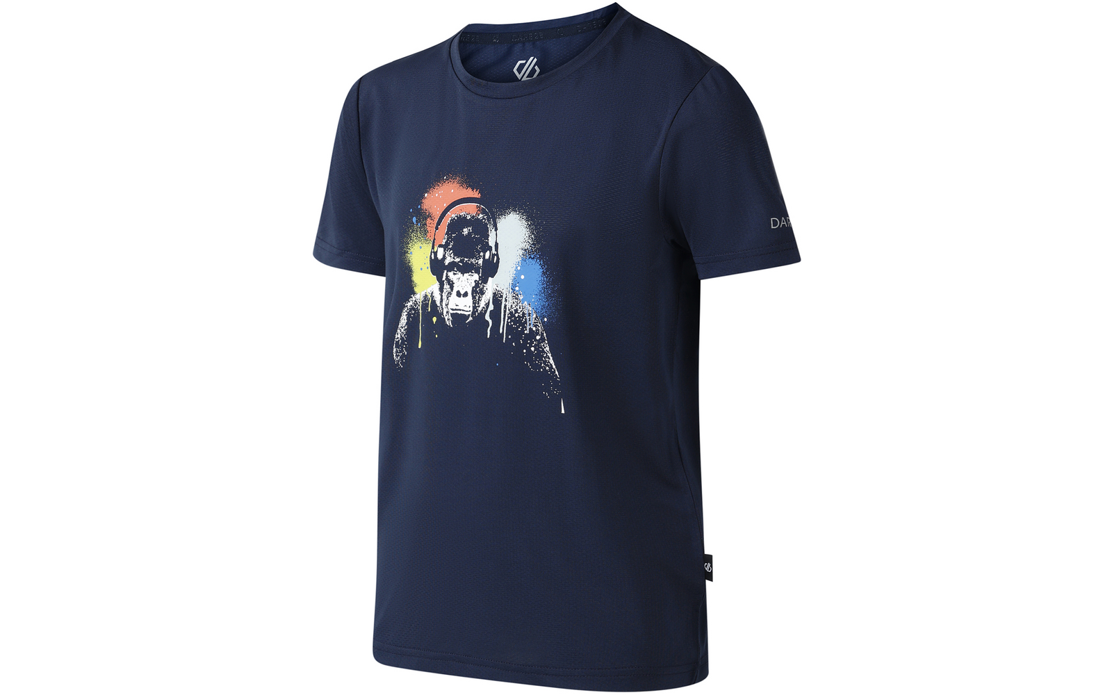 Dunkelblaues T‑Shirt mit Rundhalsausschnitt. Aufdruck: weißer Affenkopf mit Kopfhörern und Kapuze, hinterlegt von orange-gelben und blauen Farbspritzern. Kleines weißes Logo am linken Ärmel