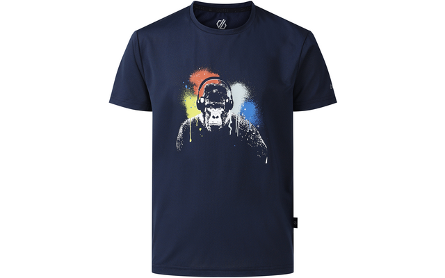 Dunkelblaues T-Shirt mit aufgedrucktem Affenkopf mit Kopfhörern vor mehrfarbigen Farbspritzern