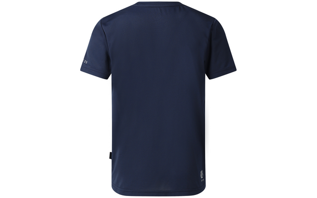 Rückansicht eines dunkelblauen kurzärmeligen T-Shirts mit rundem Halsausschnitt und kleinen weißen Logos auf dem rechten Ärmel und am unteren Rücken