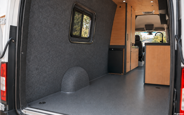 Open rear of a white van with an empty interior, gray floor and wall lining, a small side window, light wood cabinets on the right, and the driver's cabin visible at the front