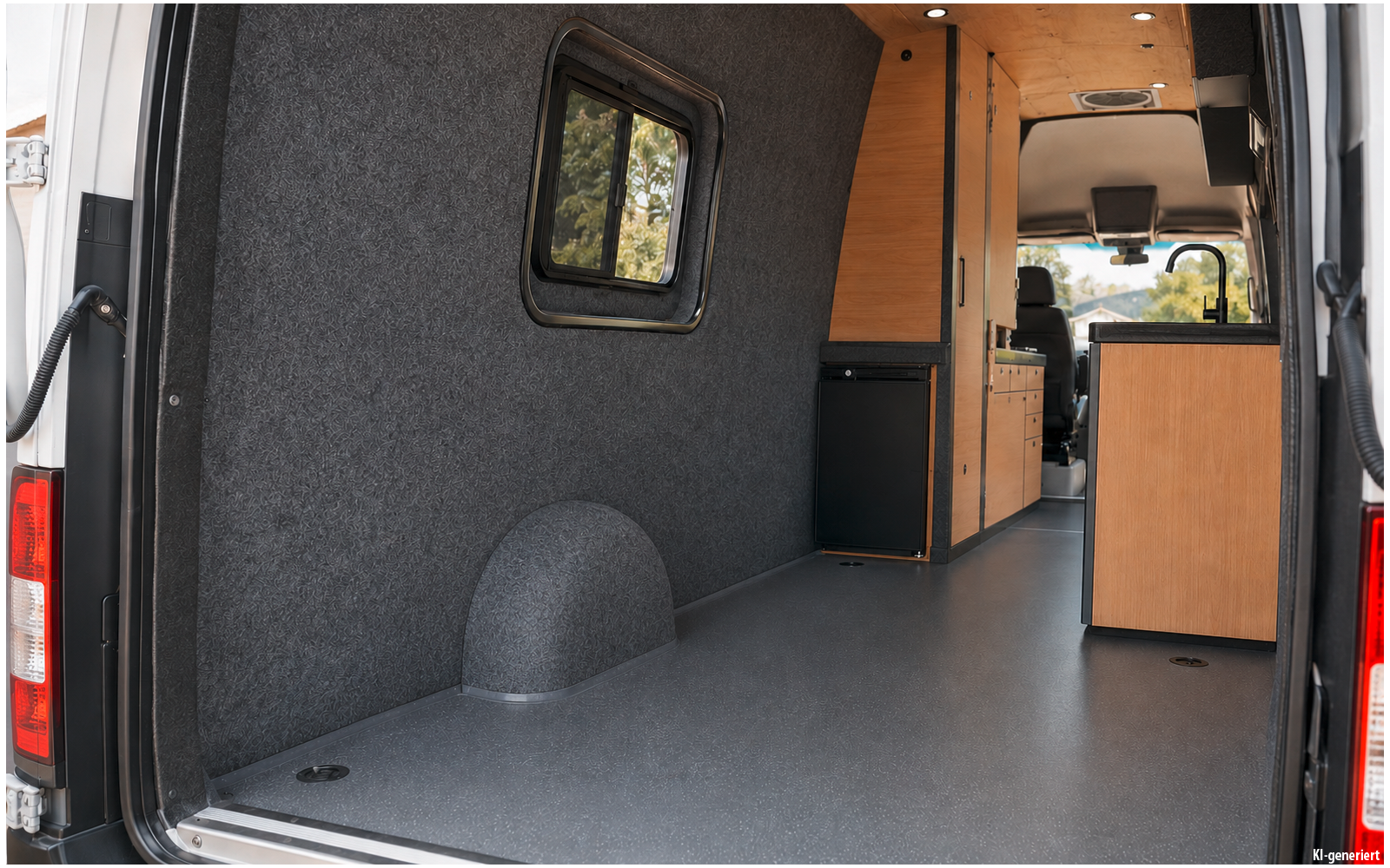 Open rear of a white van with an empty interior, gray floor and wall lining, a small side window, light wood cabinets on the right, and the driver's cabin visible at the front