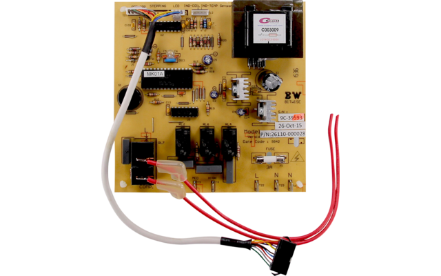 Gelb-beige Leiterplatte mit elektronischen Bauteilen, schwarzem Transformator mit Etikett, Steckern sowie mehreren roten und weißen Kabeln mit Kunststoffsteckern