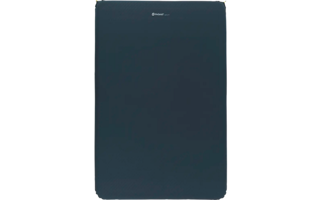 Donkerblauwe rechthoekige kussensloop met een klein logo boven in het midden