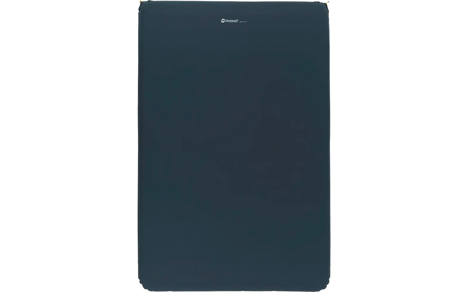 Donkerblauwe rechthoekige kussensloop met een klein logo boven in het midden