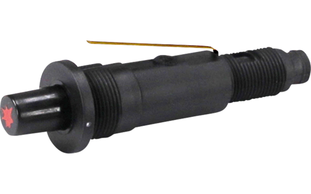 Schwarzes zylindrisches Kunststoffteil mit Gewinde, links ein schwarzer Knopf mit rotem Stern, rechts eine lose schwarze Mutter und ein gebogenes goldfarbenes Metallteil