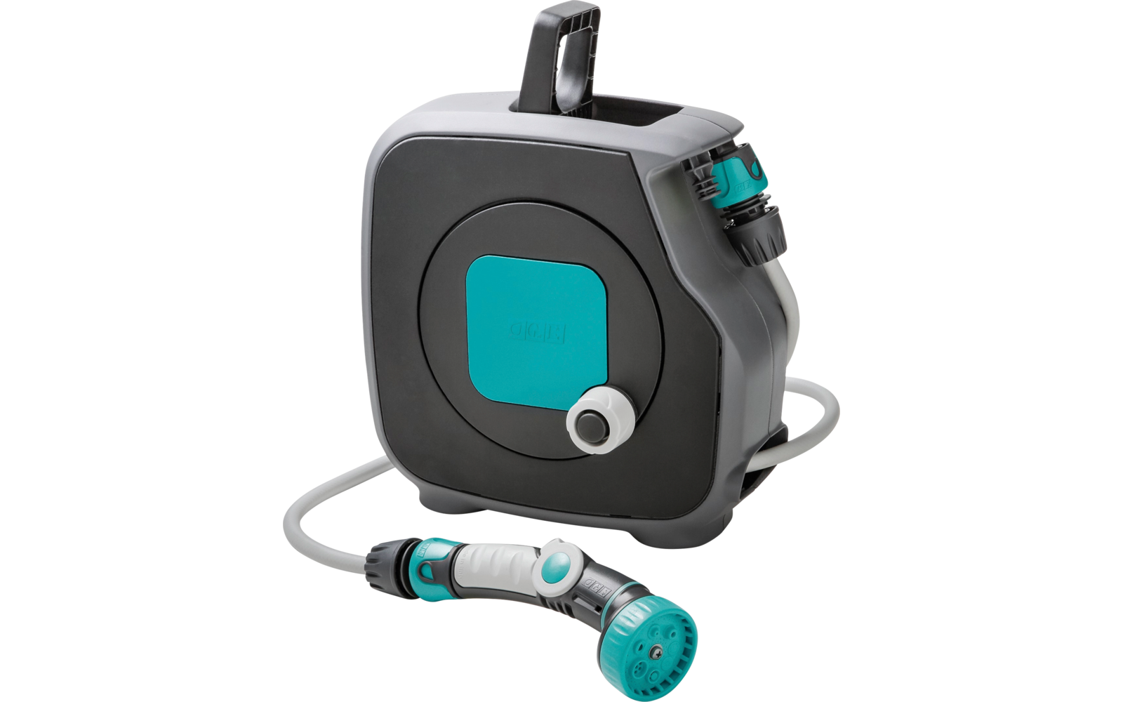 Boîtier rectangulaire arrondi gris foncé avec détails turquoise, tuyau gris et pomme de pulvérisation turquoise-noir à l'avant, poignée de transport noire sur le dessus