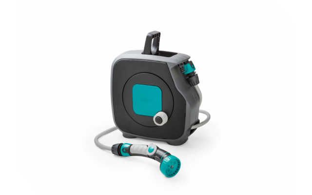 Donkergrijs afgerond rechthoekig omhulsel met turquoise accenten, grijze slang en turquoise-zwarte sproeikop vooraan, zwarte draaggreep bovenop