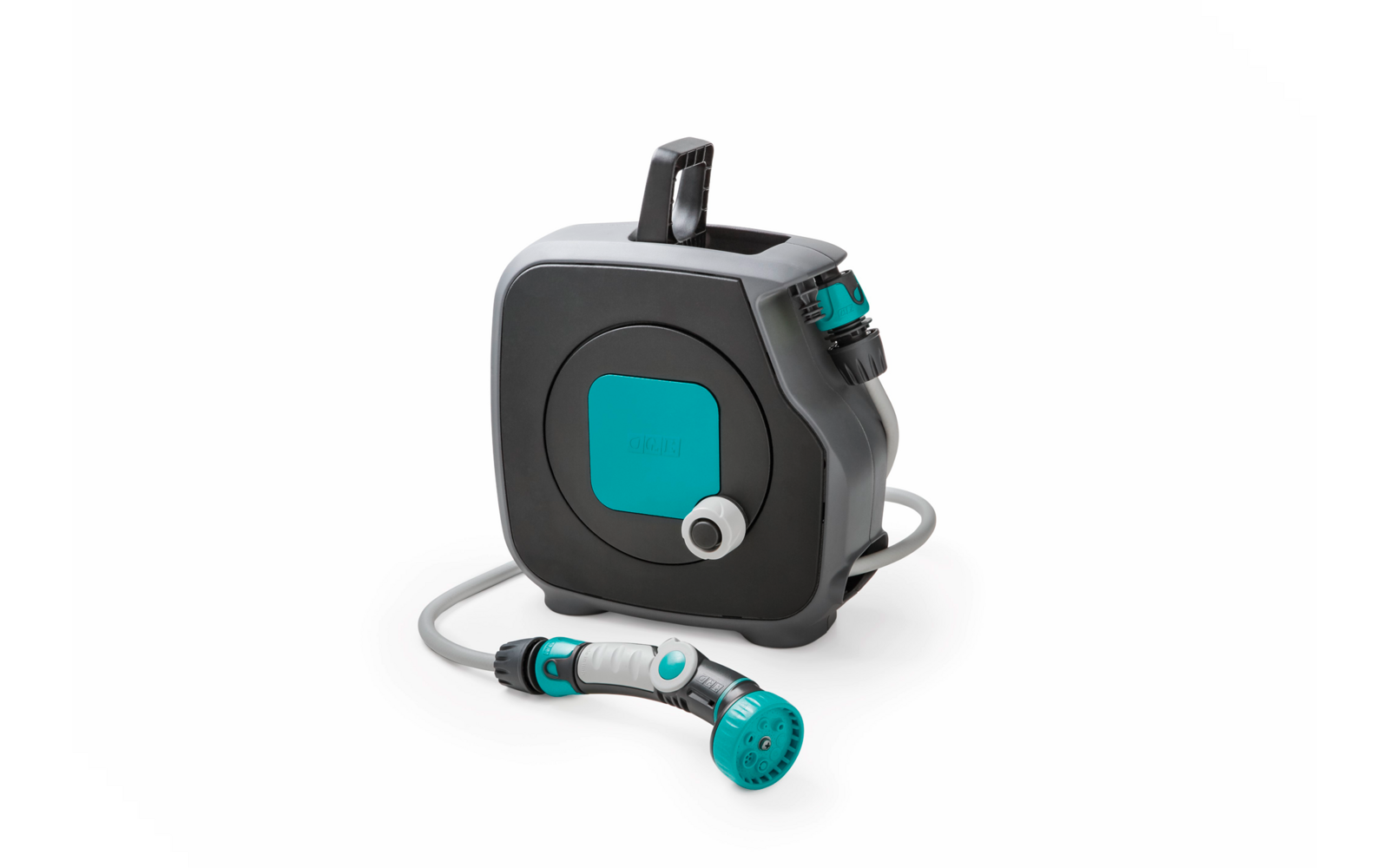 Donkergrijs afgerond rechthoekig omhulsel met turquoise accenten, grijze slang en turquoise-zwarte sproeikop vooraan, zwarte draaggreep bovenop