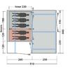 Plattegrondachtige schets van twee naast elkaar liggende rechthoeken met afmetingen in centimeters. Linker rechthoek horizontaal verdeeld: bovenste grijs met vier zwarte menssilhouetten, onderste rood gearceerd met drie silhouetten. Rechter rechthoek lichtgrijs met drie verticale lichtere vlakken. Pijlen en cijfers (bijv. 510, 260, 250, 230, 220, 195, 180, 120, 25, 440) rondom; kleine haak/oog-icoontjes langs de randen