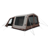 Grote bruin-beige campingtent met meerdere ramen en scheerlijnen