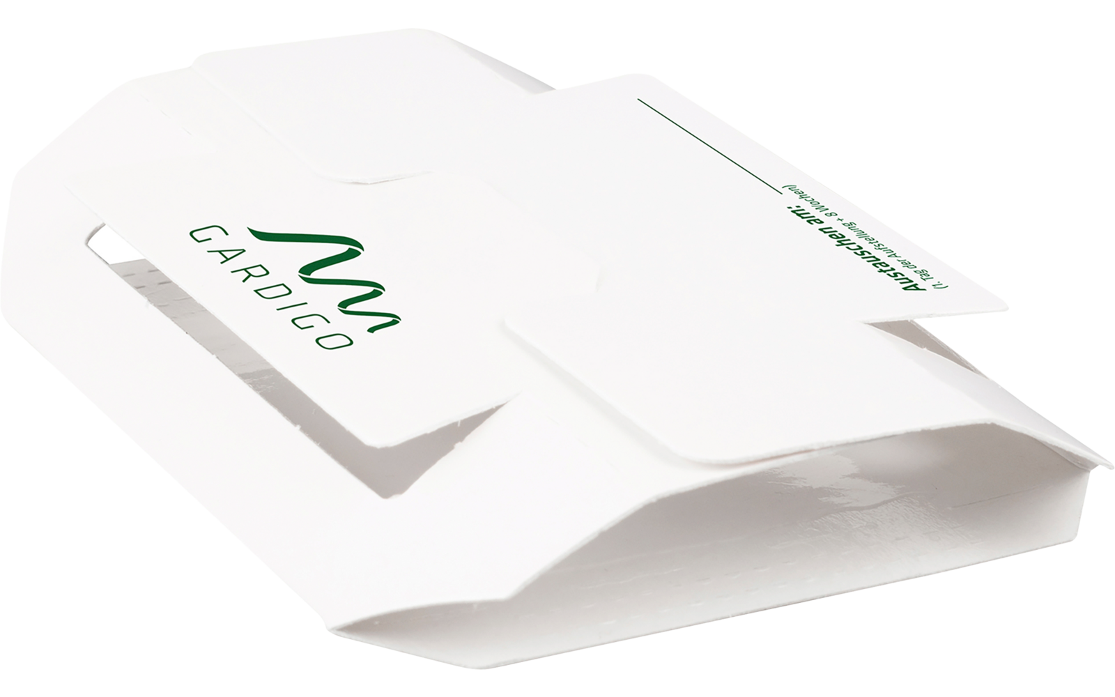 Weiße Papiertasche mit grünem Logo und Schriftzug