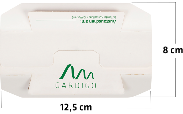 Weiße Verpackung mit grünem Gardico-Logo und Text darauf, Abmessungen 12,5 x 8 cm