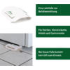 Zwei grüne Informationskarten mit weißem Hintergrund, eine zeigt einen weißen Briefumschlag, die andere einen Briefkastenschlitz