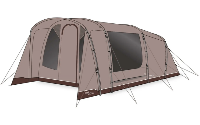 Großes, graues Familienzelt mit mehreren Fenstern und Eingängen