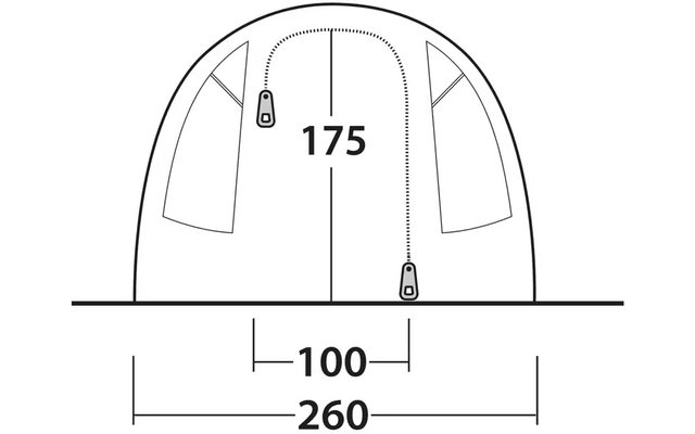 Skizze eines Zeltes mit Breiten- und Höhenmaßen in Zentimetern