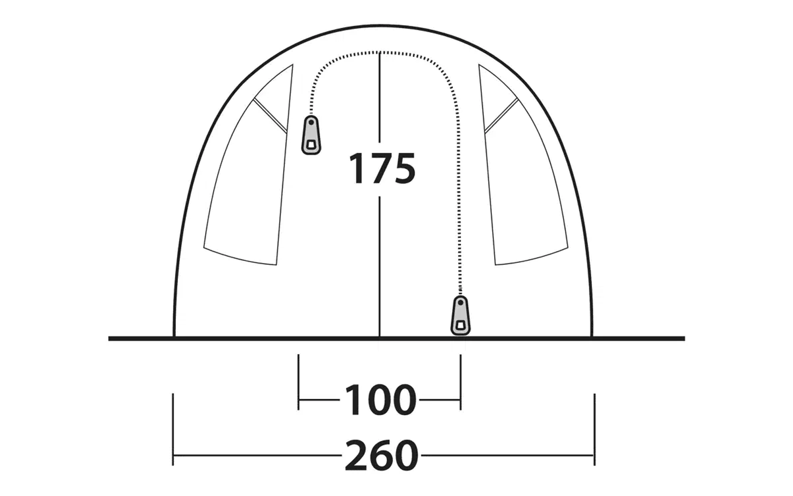 Skizze eines Zeltes mit Breiten- und Höhenmaßen in Zentimetern