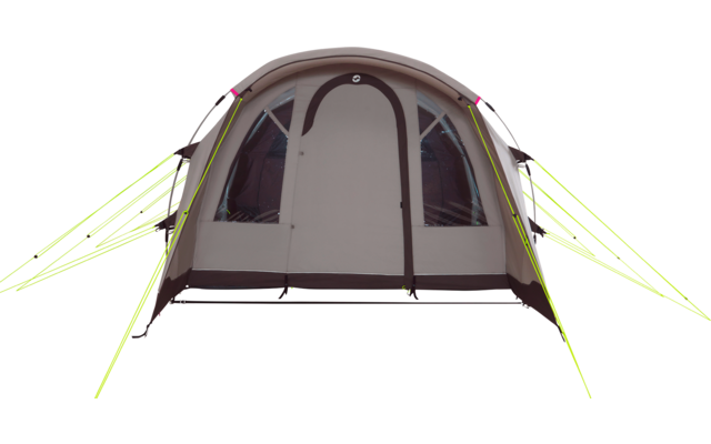 Tente beige-brun vue de face avec entrée avant fermée, deux fenêtres latérales et haubans jaunes néon