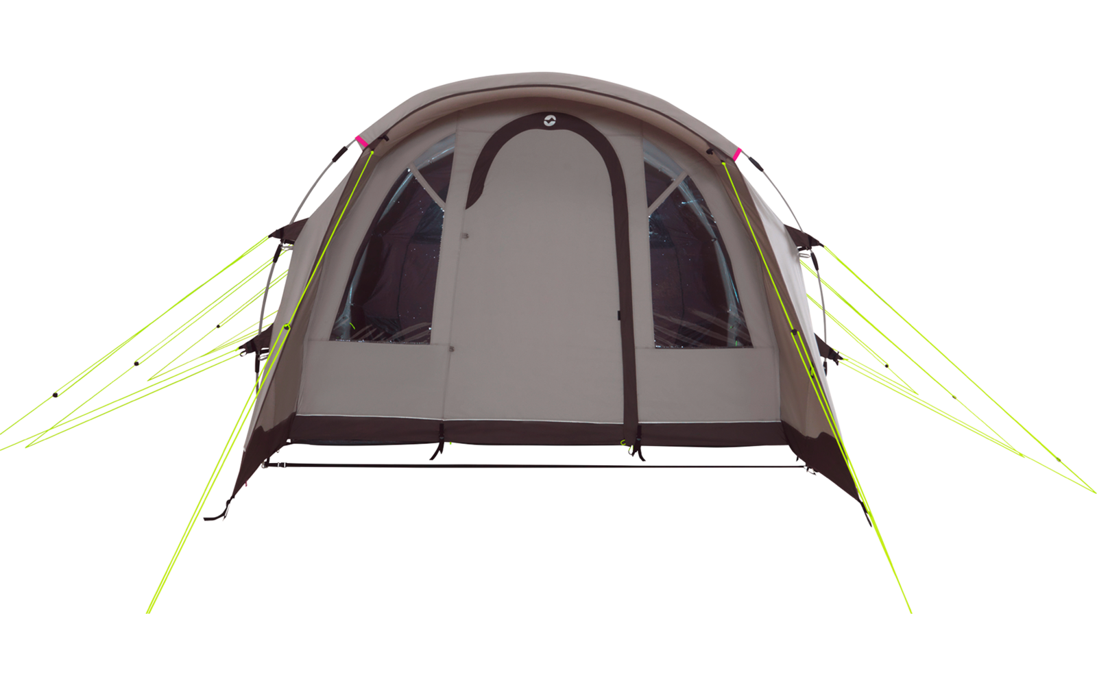 Tente beige-brun vue de face avec entrée avant fermée, deux fenêtres latérales et haubans jaunes néon