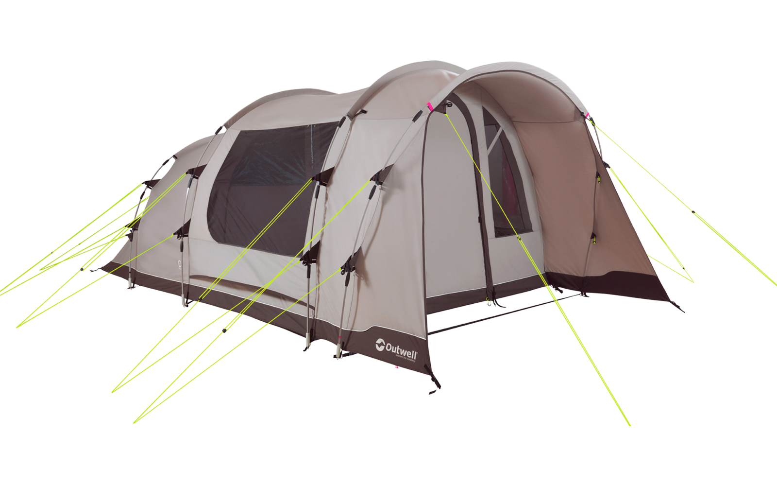 Tente tunnel beige avec deux entrées visibles, fenêtres latérales et haubans vert vif