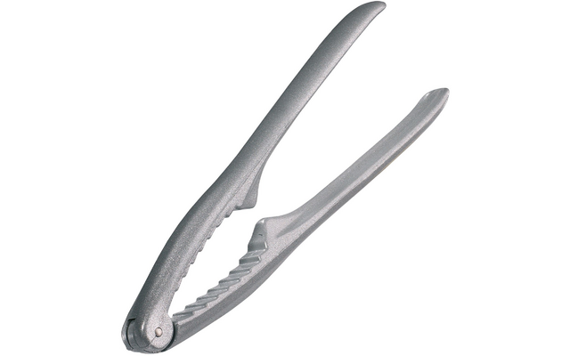 Herramienta metálica plateada con dos mangos largos y curvos, mandíbulas dentadas y una bisagra en un extremo, sobre fondo blanco