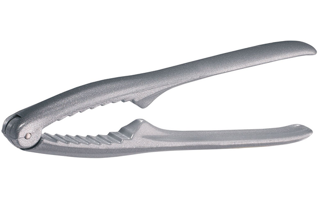 Herramienta metálica plateada con dos mangos curvados, mandíbulas dentadas y una bisagra