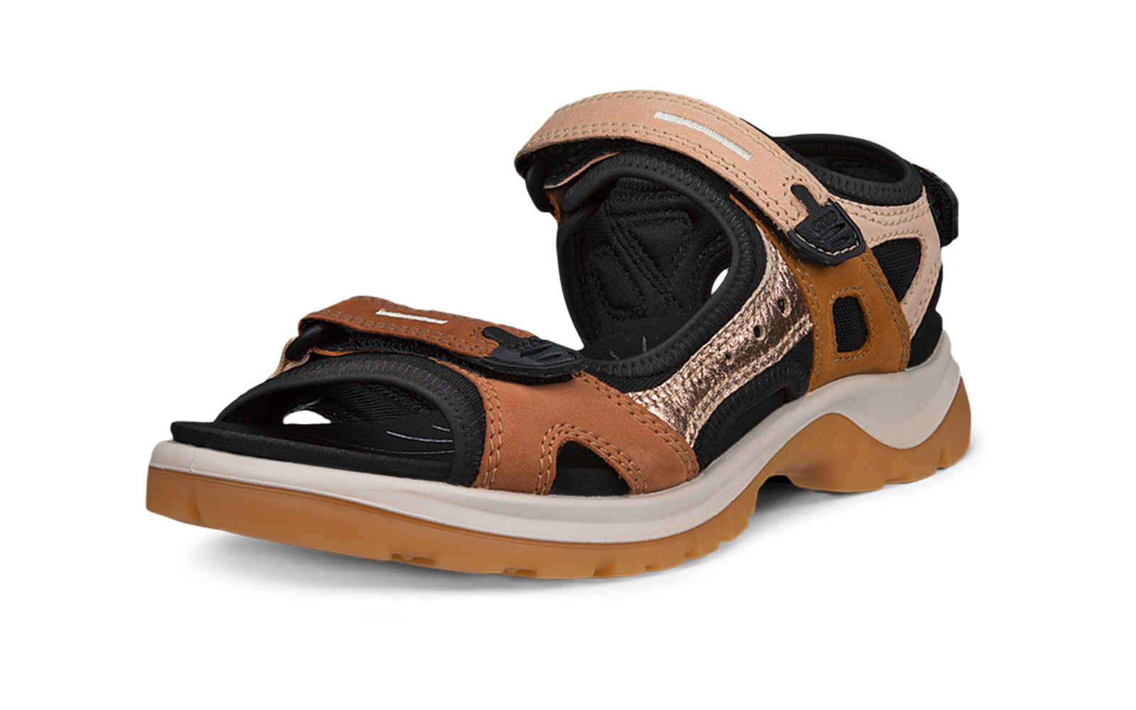 Sandale ouverte brun et noir avec fermetures Velcro, semelle intermédiaire blanche et semelle extérieure en caoutchouc brun clair, vue latérale