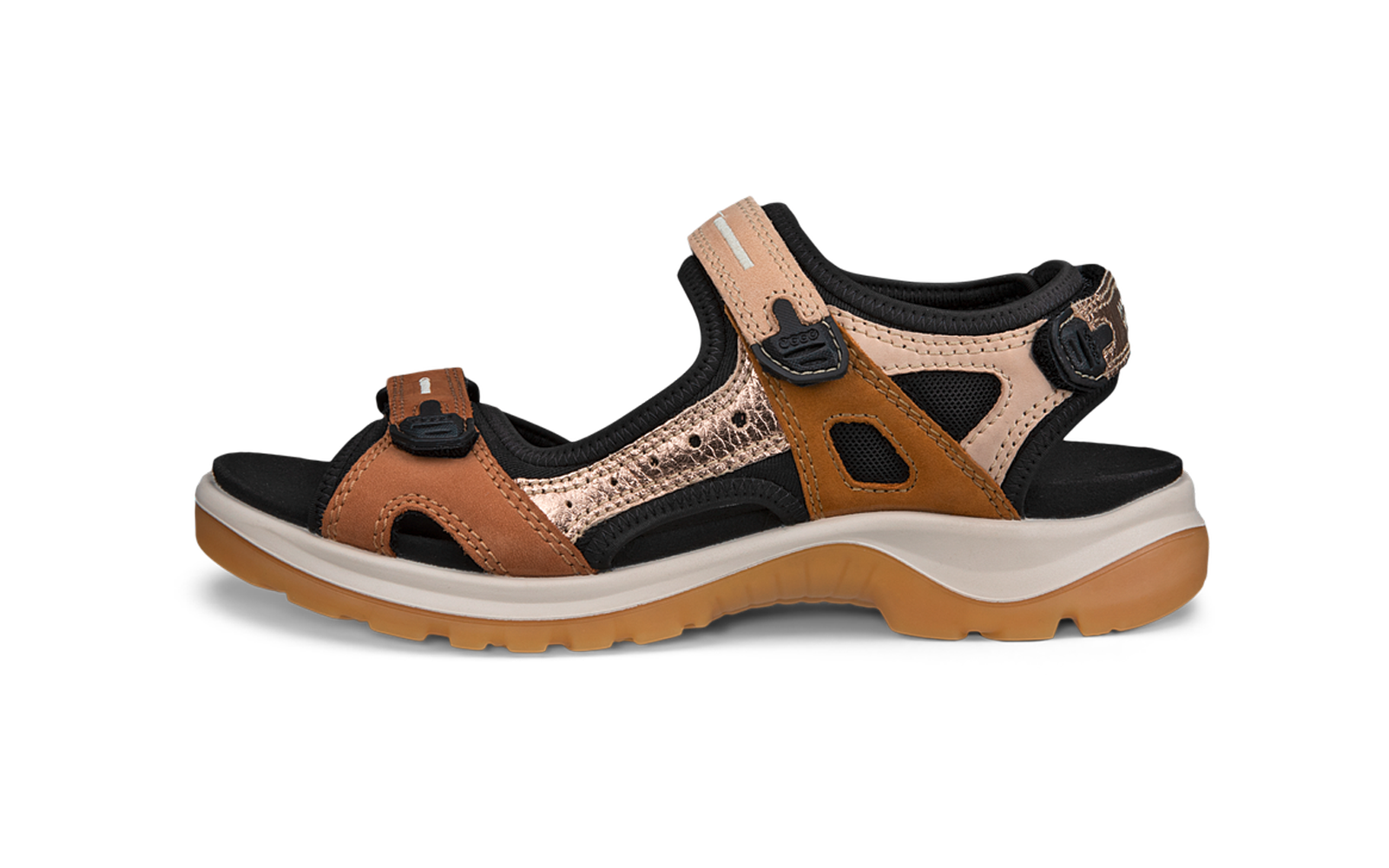 Sandale ouverte brun-beige avec insert métallisé rosé, trois brides réglables, doublure noire, semelle intercalaire blanche et semelle extérieure marron