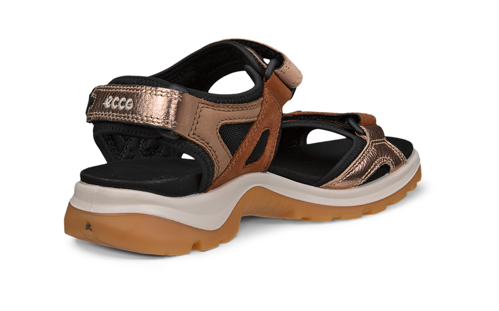 Sandale brun-métallisée avec deux brides à scratch, semelle intérieure noire, semelle intermédiaire blanche, semelle extérieure caoutchouc beige et inscription 'ecco' sur la bride du talon