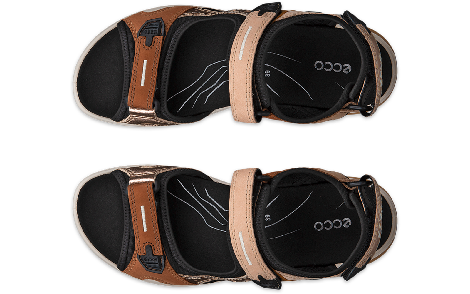 Paire de sandales brun-noir, vue de dessus, brides à scratch, semelles blanches, logo 'ecco' sur la semelle intérieure