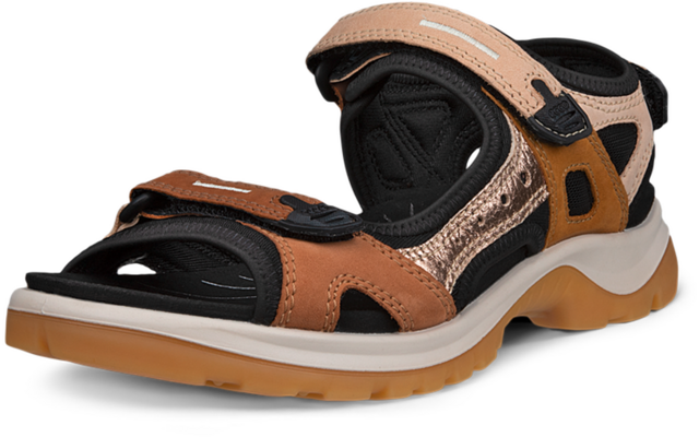 Sandale ouverte brun et noir avec fermetures Velcro, semelle intermédiaire blanche et semelle extérieure en caoutchouc brun clair, vue latérale