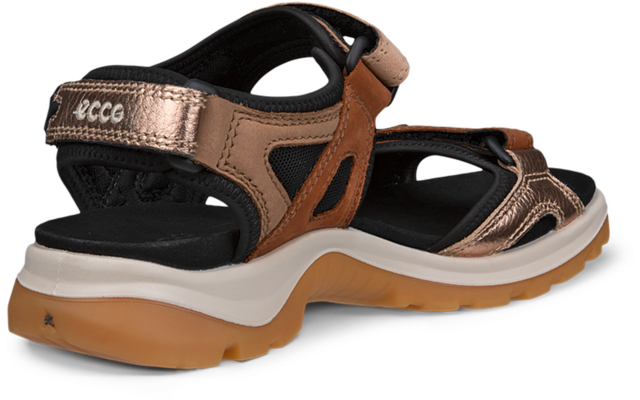 Sandale brun-métallisée avec deux brides à scratch, semelle intérieure noire, semelle intermédiaire blanche, semelle extérieure caoutchouc beige et inscription 'ecco' sur la bride du talon