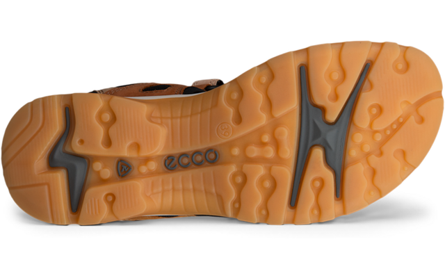 Vue de la semelle orange d'une chaussure avec profil, picots, rainures, pièces sombres et logo 'ecco' en relief