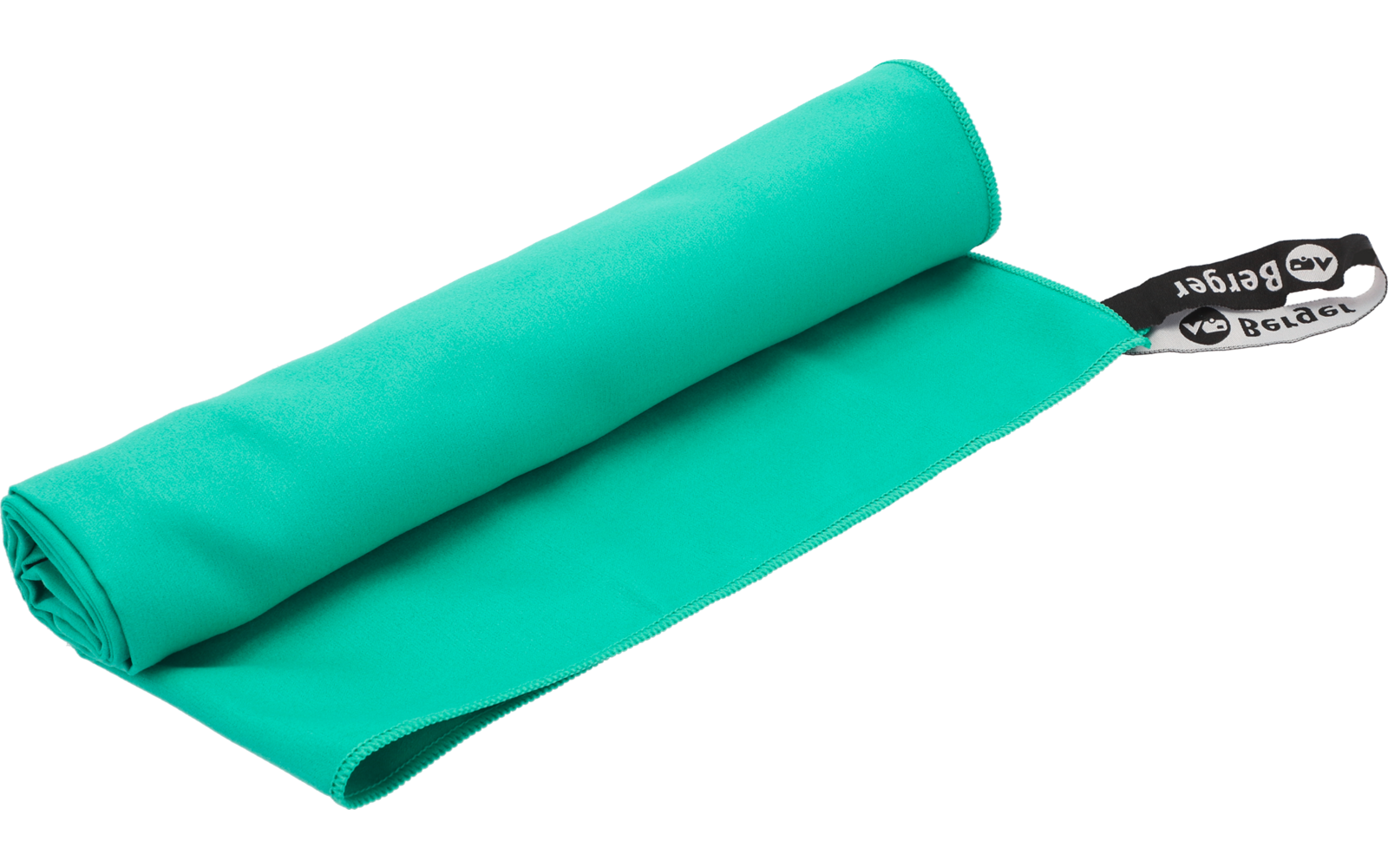 türkisfarbenes, teilweise aufgerolltes Mikrofasertuch mit schwarzem Etikett