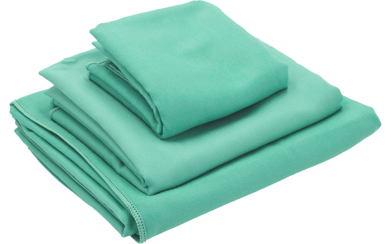 Drei gefaltete türkisfarbene Stoffstücke übereinander auf weißem Hintergrund