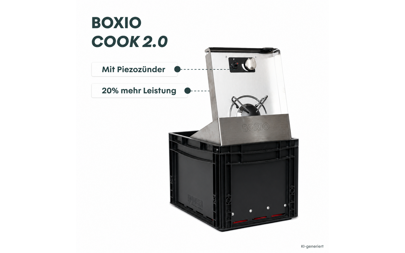 Grand texte 'BOXIO COOK 2.0' en haut à gauche. Deux pastilles blanches avec lignes pointillées et textes 'Mit Piezozünder' et '20% mehr Leistung' à gauche d'une plaque métallique. Plaque métallique avec bouton rotatif et brûleur rond montée sur une caisse en plastique noire embossée 'BOXIO'. Petit texte 'KI-generiert' en bas à droite