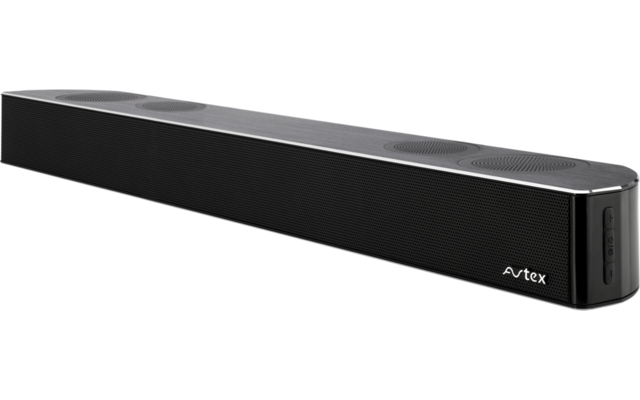 Schwarze Soundbar mit sichtbarem Lautsprechergitter, mit silberner Oberseite und 'Avtex'-Logo rechts
