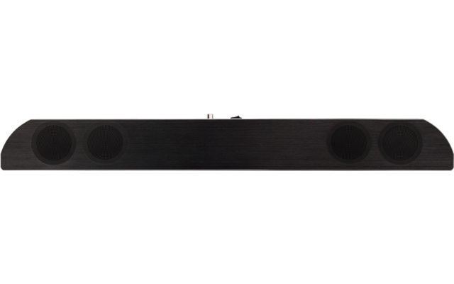 Schwarze schlanke Soundbar mit vier runden Lautsprecherrosten und abgerundeten Enden