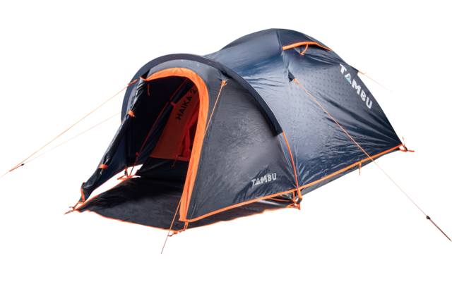 Dark blue/gray tunnel tent with orange trim and guy lines, front entrance open showing orange interior lining and white lettering on the side
