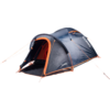 Dark blue/gray tunnel tent with orange trim and guy lines, front entrance open showing orange interior lining and white lettering on the side