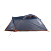 Dark blue dome tent with orange guy lines and trim, 'TAMBU' printed on the side, white background