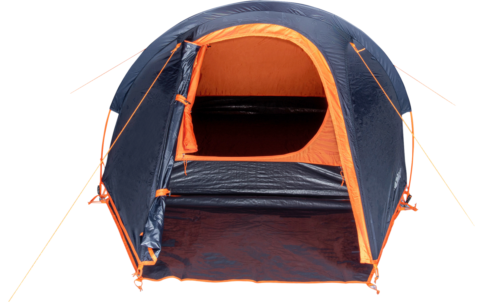 Open blue dome tent with orange interior, rolled-up entrance and visible guy lines