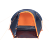 Dome-shaped tent with dark blue exterior and orange interior, front entrance open, visible floor mat, orange guy lines and poles