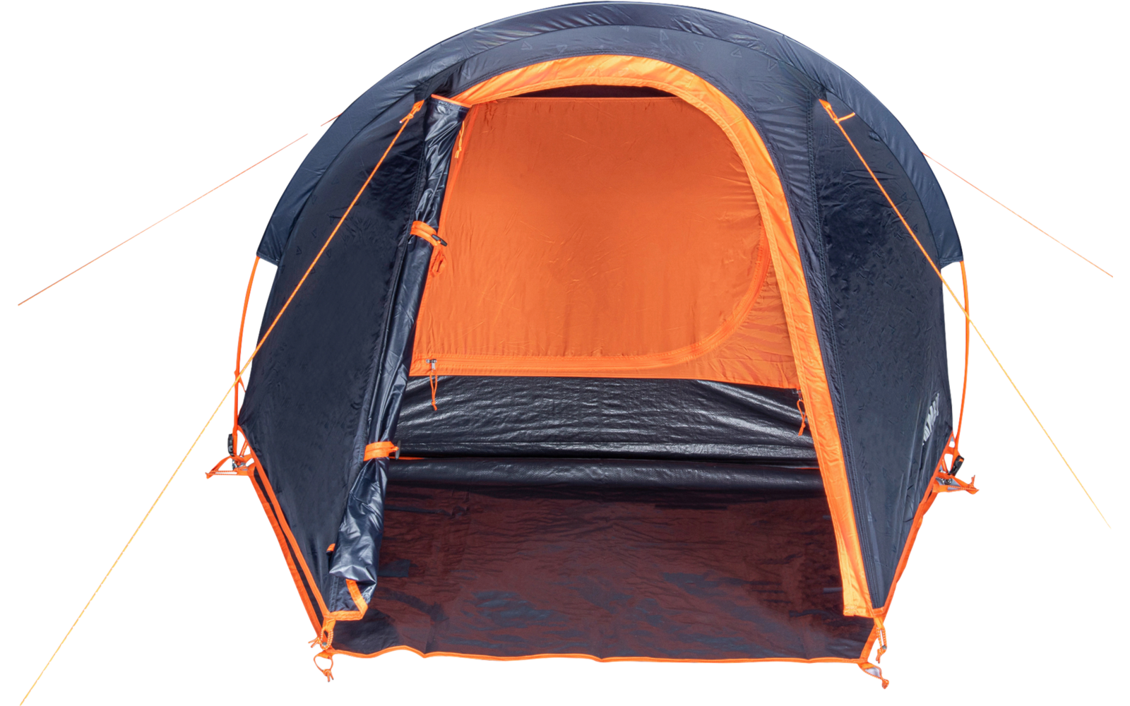 Dome-shaped tent with dark blue exterior and orange interior, front entrance open, visible floor mat, orange guy lines and poles