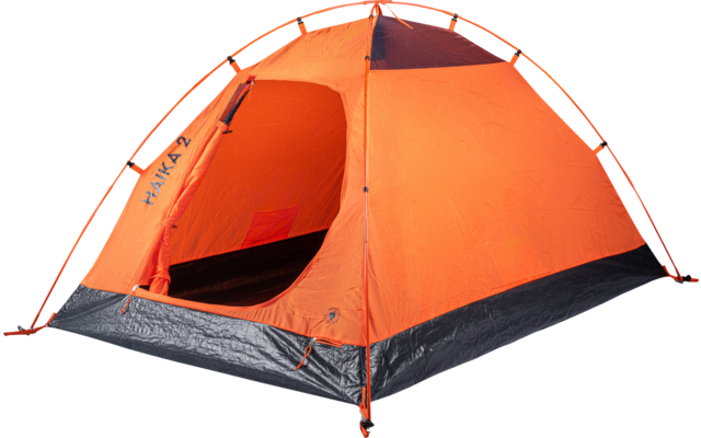 Orange dome tent with open entrance, black floor and visible curved poles on a white background