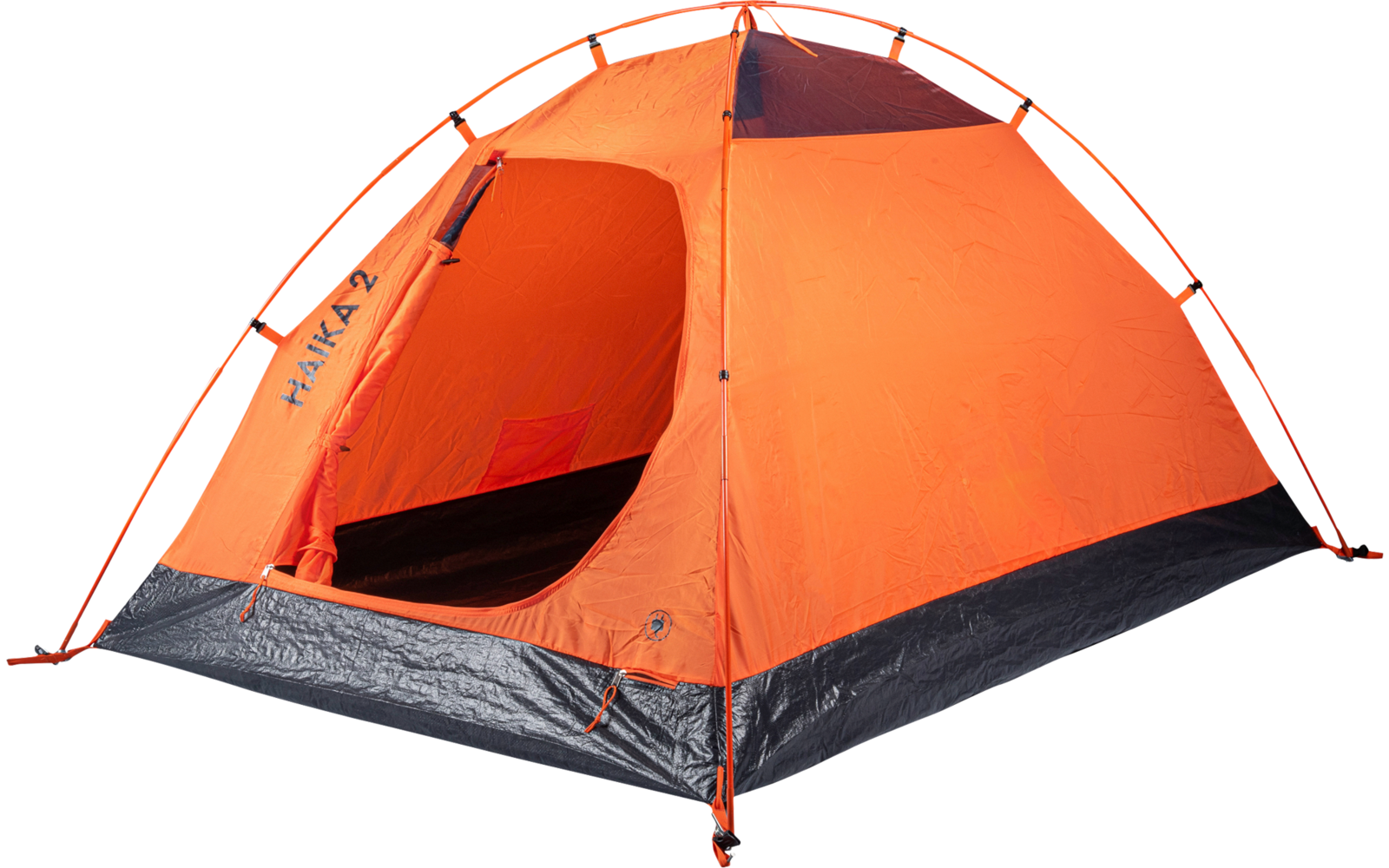 Orange dome tent with open entrance, black floor and visible curved poles on a white background