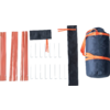 Several orange segmented rods; several silver bent metal pins; a small black rectangular fabric piece with two orange ribbons; a long black fabric sleeve; a rolled dark-blue fabric bundle with orange straps; on a white background
