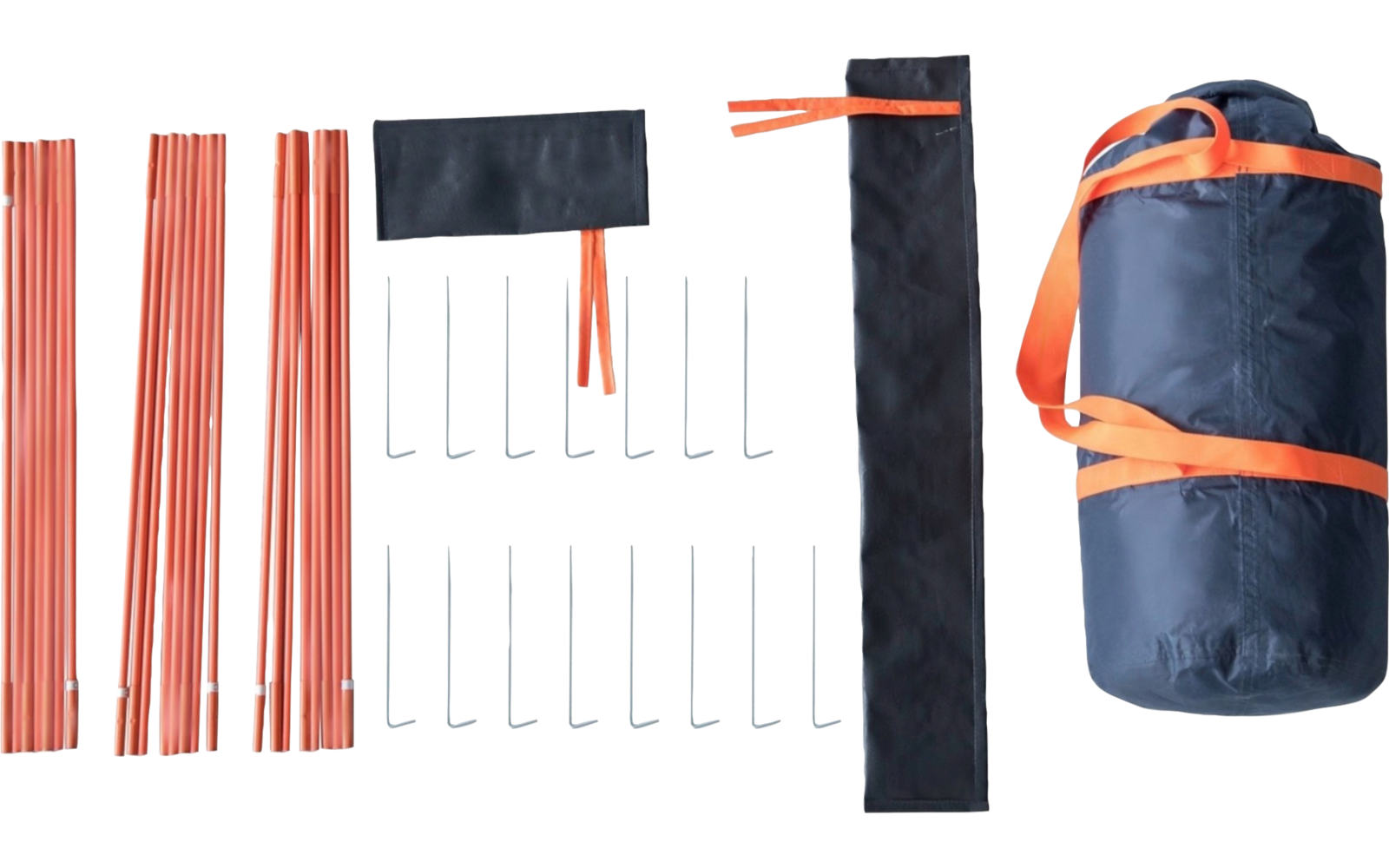 Several orange segmented rods; several silver bent metal pins; a small black rectangular fabric piece with two orange ribbons; a long black fabric sleeve; a rolled dark-blue fabric bundle with orange straps; on a white background