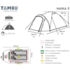 Schematic drawing of a tent with the TAMBU connect to nature logo, model name HAIKA 2, side view and floor plan, measurements, pack-size note and a legend with icons